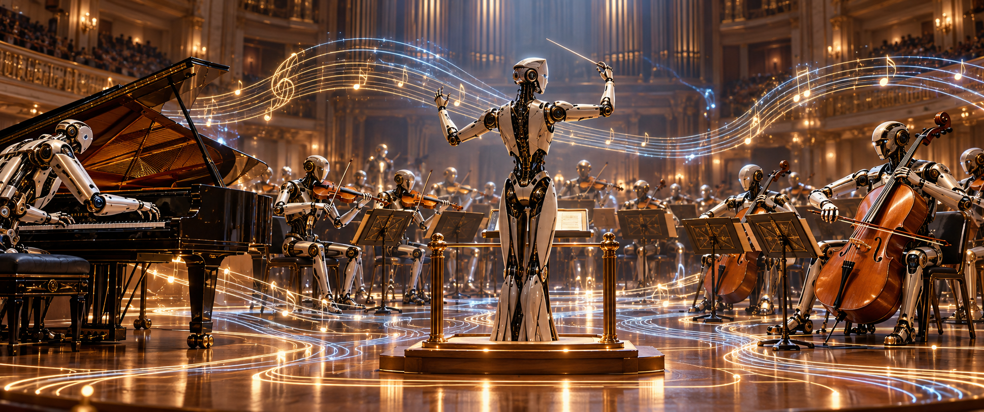 Orchestra di robot e direttore robotico in una sala da concerto